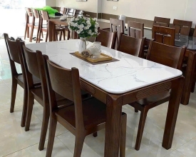 Bộ Bàn Ăn 6 Ghế Mặt Đá –  gỗ nâu đậm sang trọng