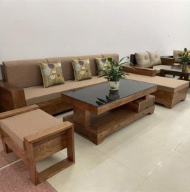 Bộ sofa gỗ hiện đại - Đệm ngồi và tựa lưng bọc da cao cấp